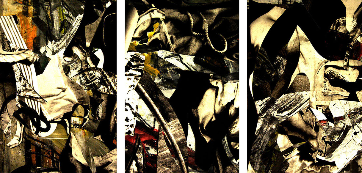 Remnants 5, 2013, three 72x50 panels, mixed media on canvas